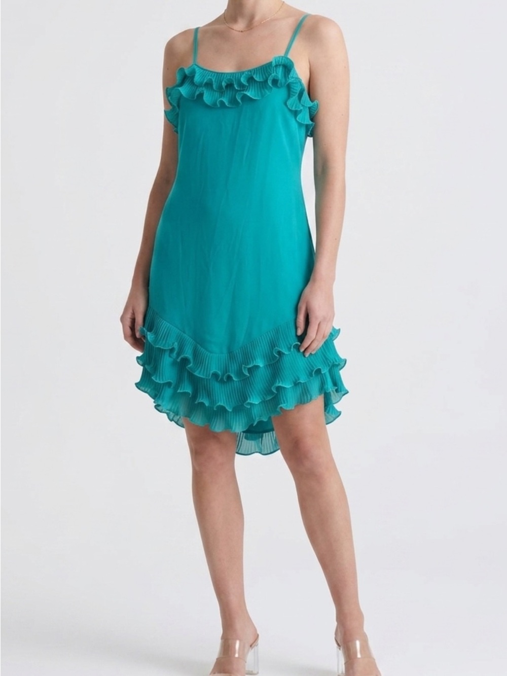 Teal Ruffle-Trim Mini Slip Dress